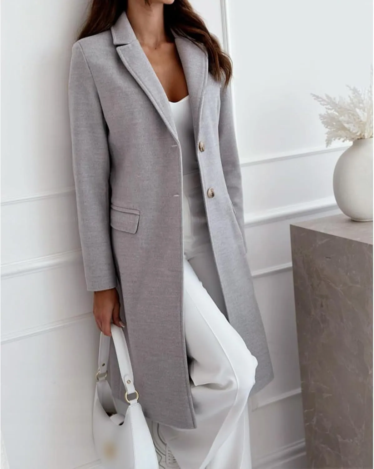 Women's Notched Lapel Collar Double Breasted Peacoat Winter Wool Blend Over Coats Long Jackets