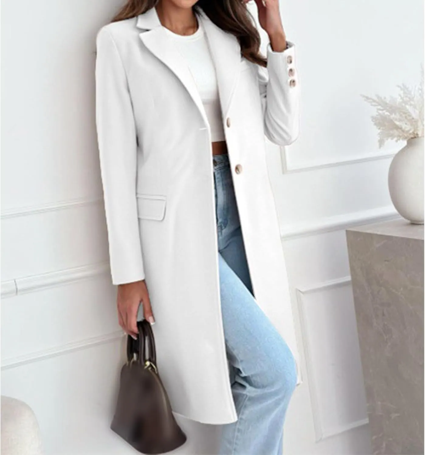 Women's Notched Lapel Collar Double Breasted Peacoat Winter Wool Blend Over Coats Long Jackets