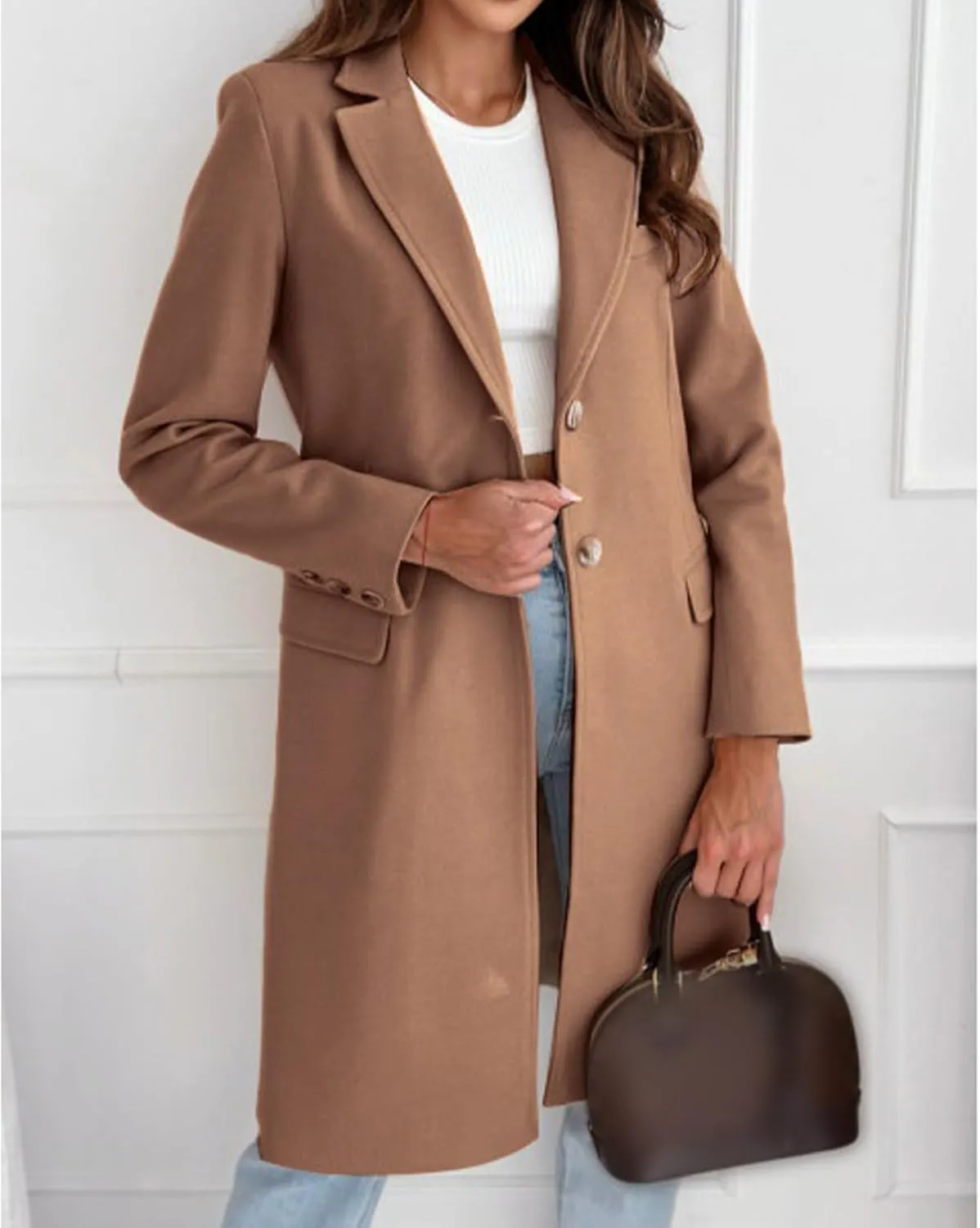 Women's Notched Lapel Collar Double Breasted Peacoat Winter Wool Blend Over Coats Long Jackets