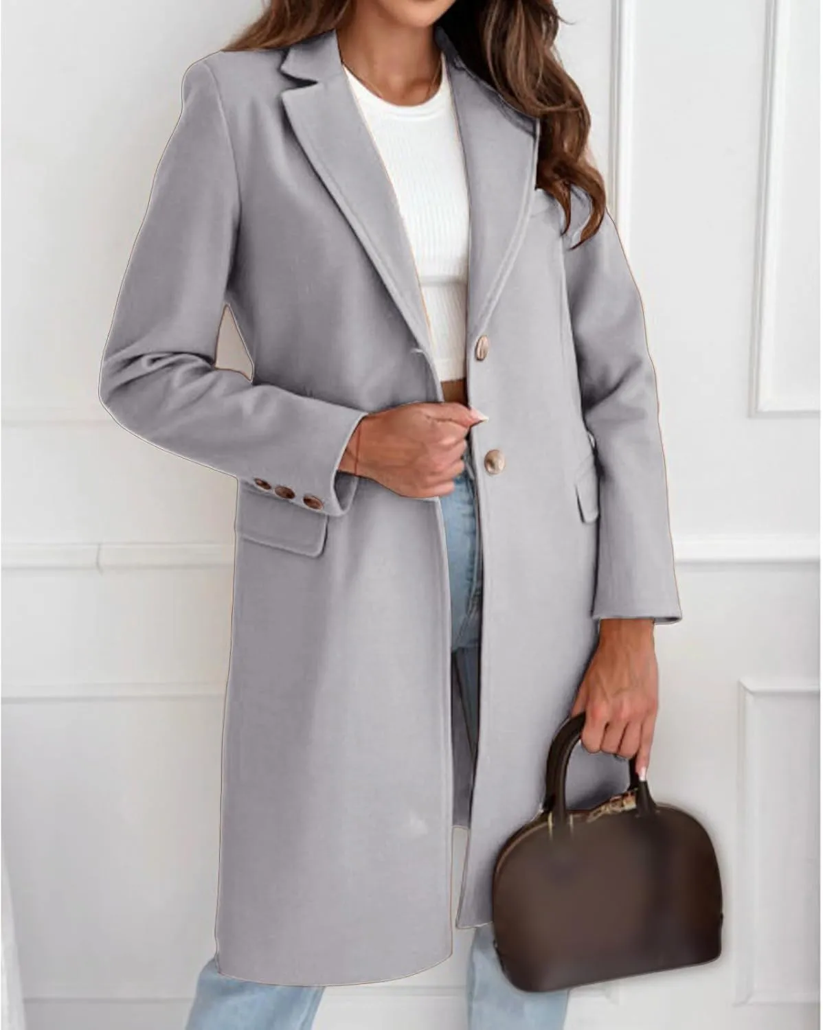 Women's Notched Lapel Collar Double Breasted Peacoat Winter Wool Blend Over Coats Long Jackets