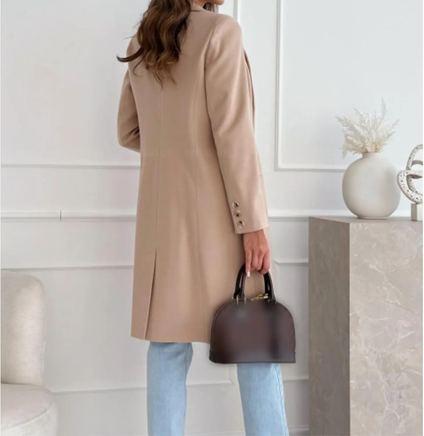 Women's Notched Lapel Collar Double Breasted Peacoat Winter Wool Blend Over Coats Long Jackets