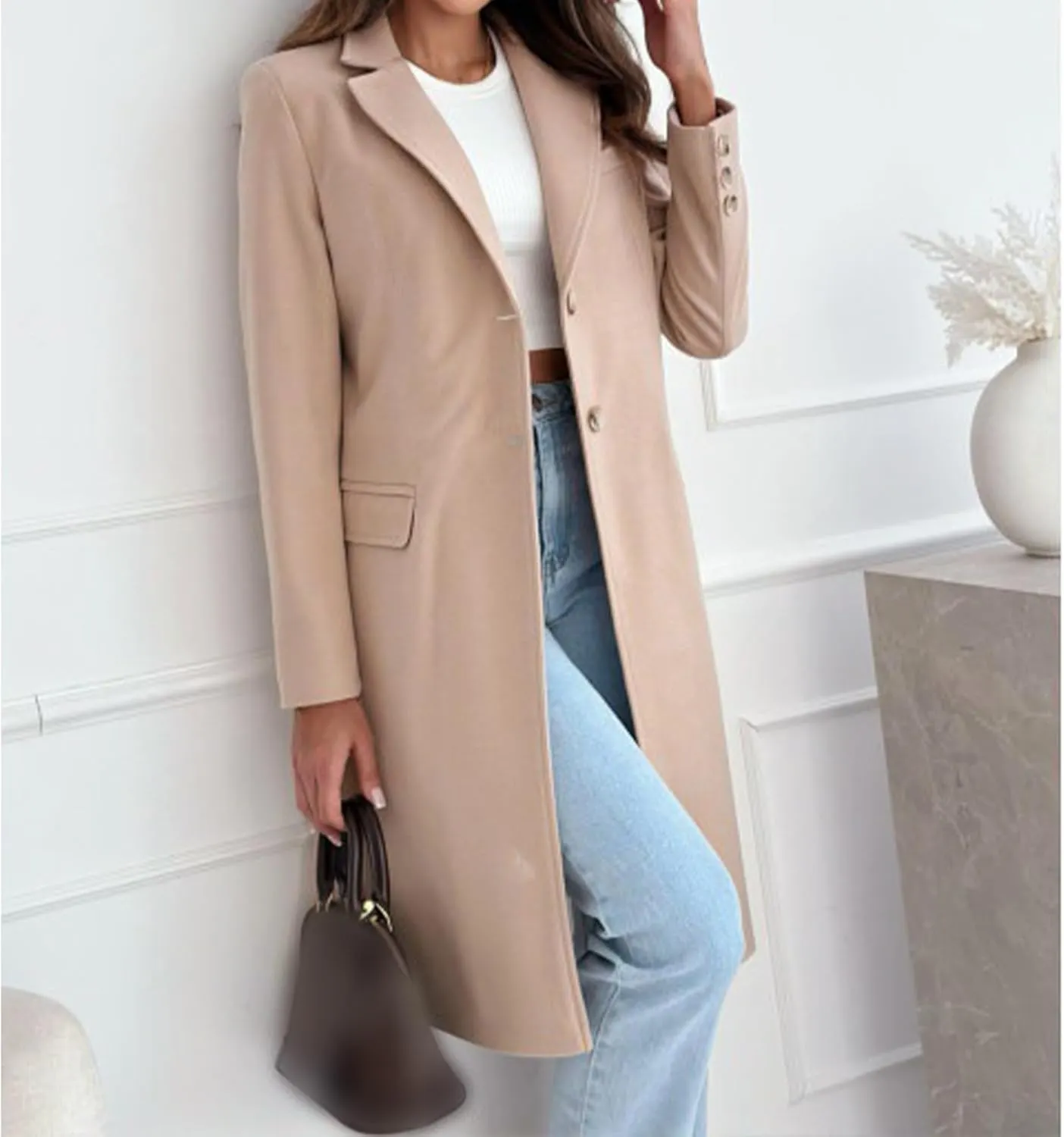 Women's Notched Lapel Collar Double Breasted Peacoat Winter Wool Blend Over Coats Long Jackets