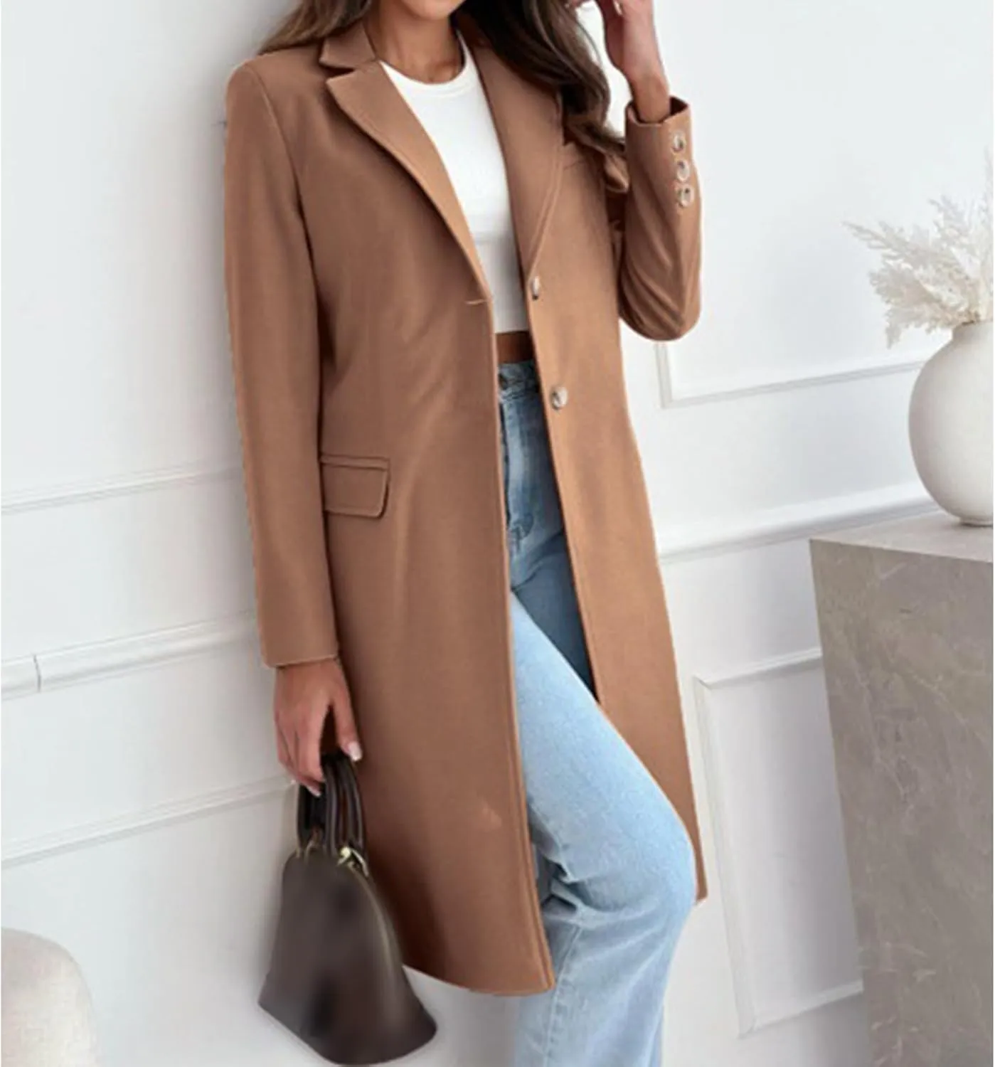 Women's Notched Lapel Collar Double Breasted Peacoat Winter Wool Blend Over Coats Long Jackets
