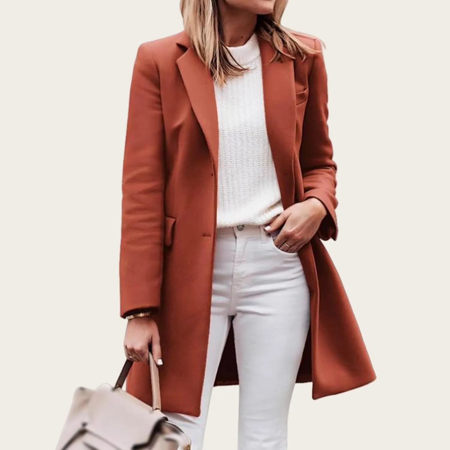 Women's Notched Lapel Collar Pea Coat Single Breasted Wool Blend Overcoat Winter Long Jacket