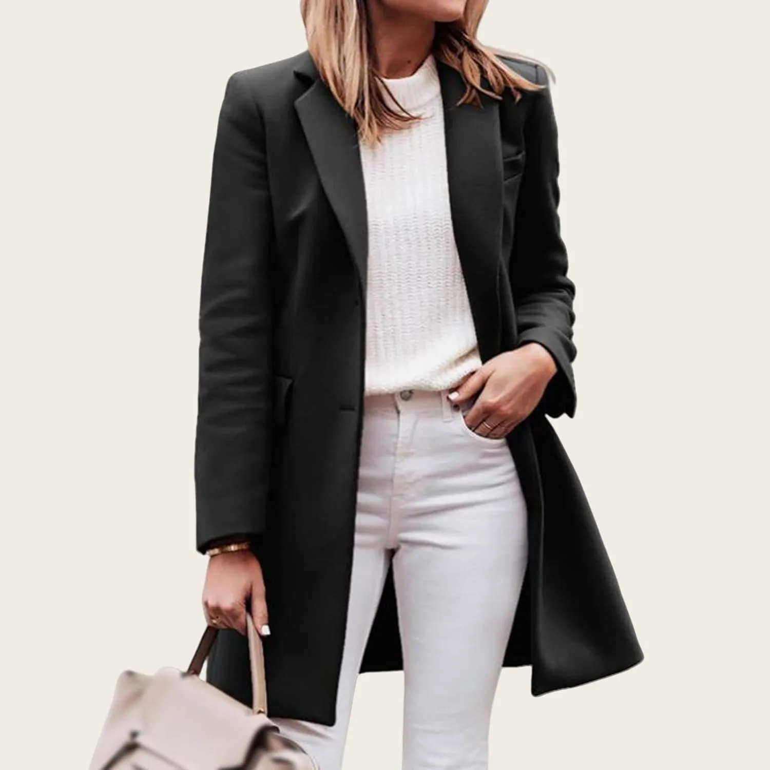 Women's Notched Lapel Collar Pea Coat Single Breasted Wool Blend Overcoat Winter Long Jacket