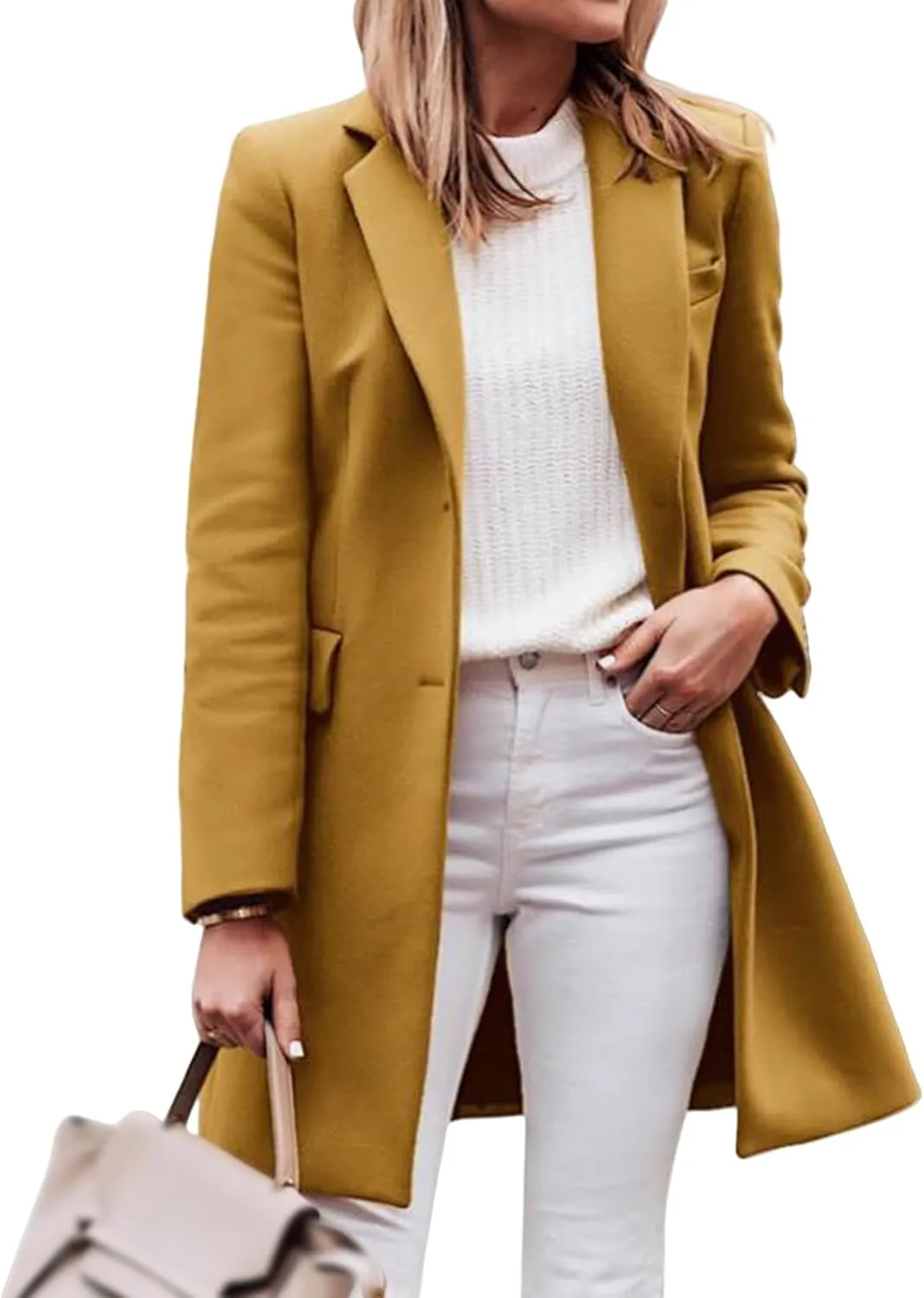 Women's Notched Lapel Collar Pea Coat Single Breasted Wool Blend Overcoat Winter Long Jacket