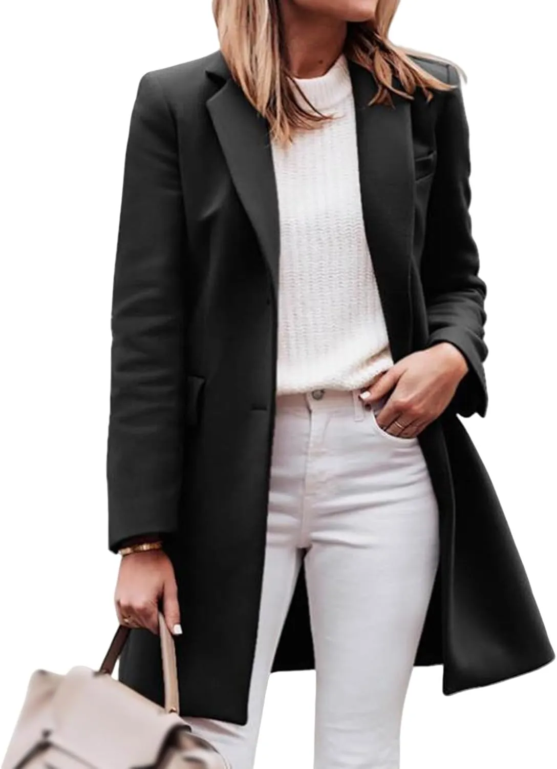 Women's Notched Lapel Collar Pea Coat Single Breasted Wool Blend Overcoat Winter Long Jacket