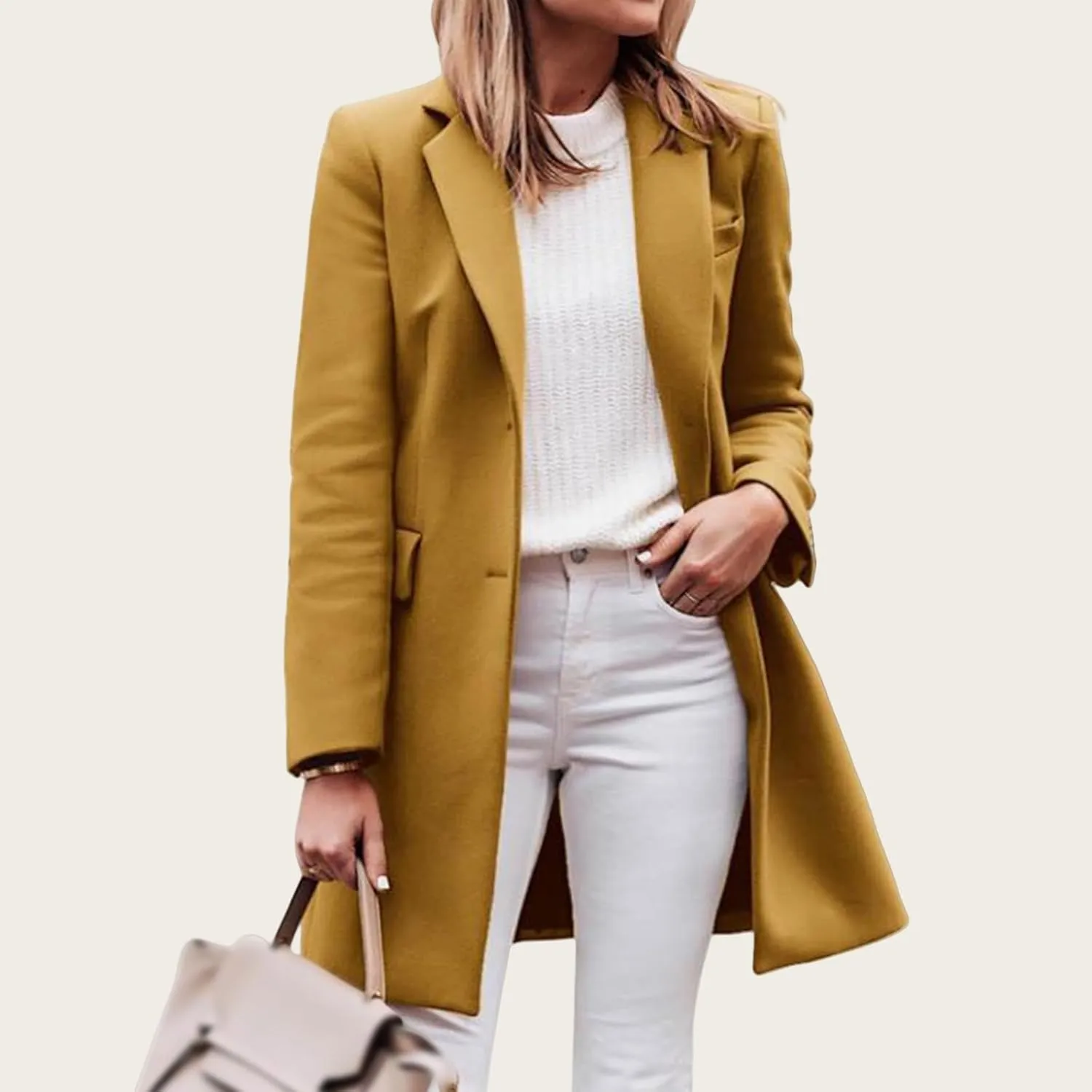 Women's Notched Lapel Collar Pea Coat Single Breasted Wool Blend Overcoat Winter Long Jacket