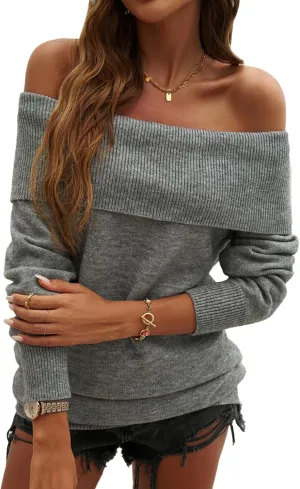 Womens Off Shoulder Sweaters Y2K Batwing Sleeve Casual Knit Pullover Sweater Date Night Blouse Jumper Tops