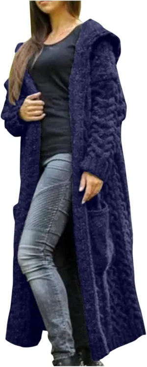 Womens Open Front Cable Knit Long Cardigan Long Sleeve Casual Hooded Outwear 2023 Fall Winter Sweater
