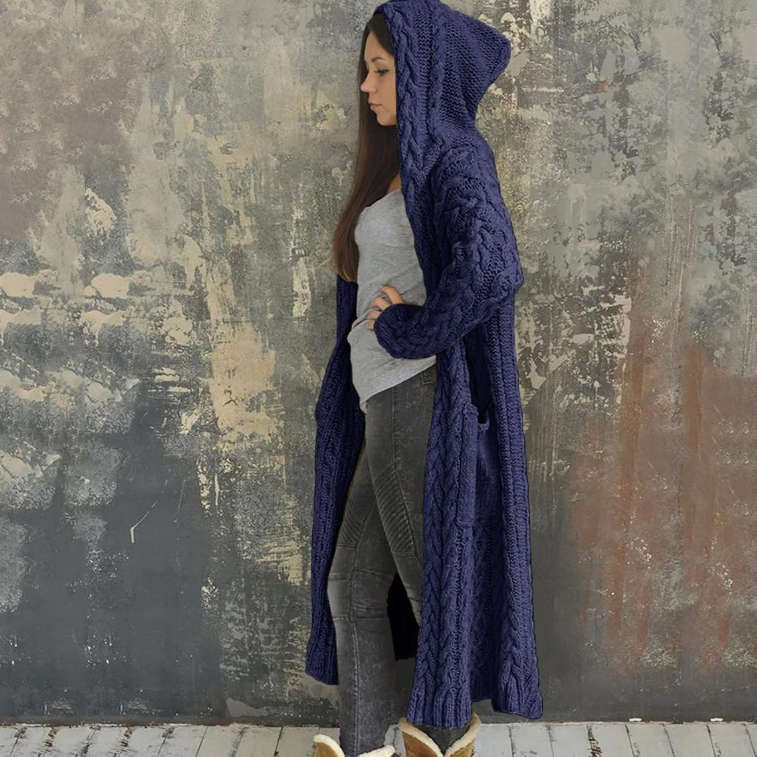 Womens Open Front Cable Knit Long Cardigan Long Sleeve Casual Hooded Outwear 2023 Fall Winter Sweater