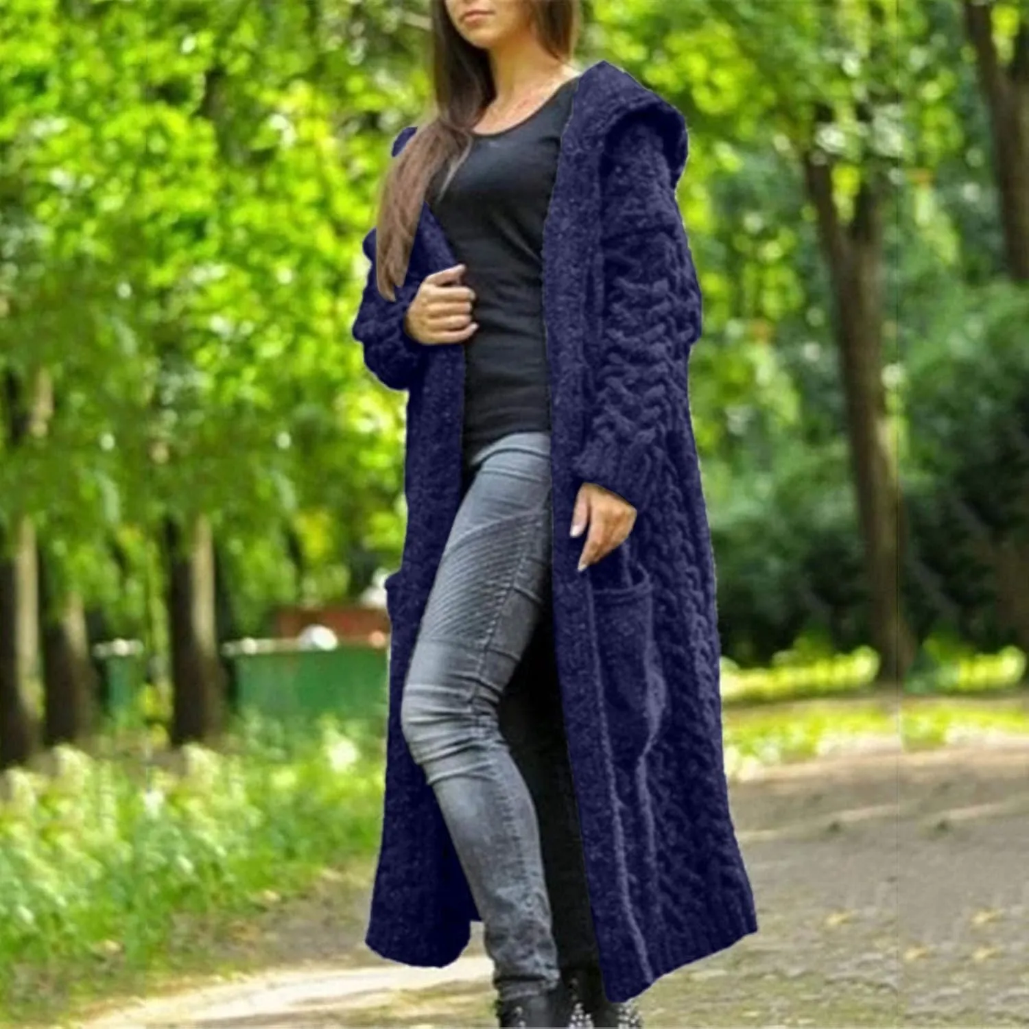 Womens Open Front Cable Knit Long Cardigan Long Sleeve Casual Hooded Outwear 2023 Fall Winter Sweater