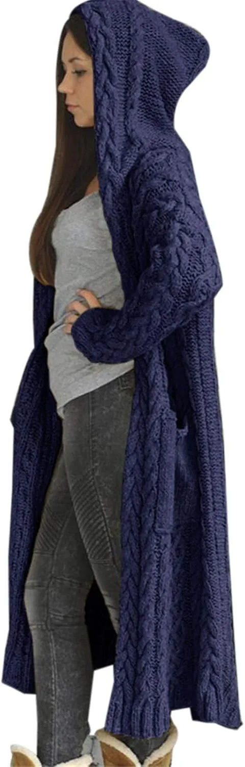 Womens Open Front Cable Knit Long Cardigan Long Sleeve Casual Hooded Outwear 2023 Fall Winter Sweater