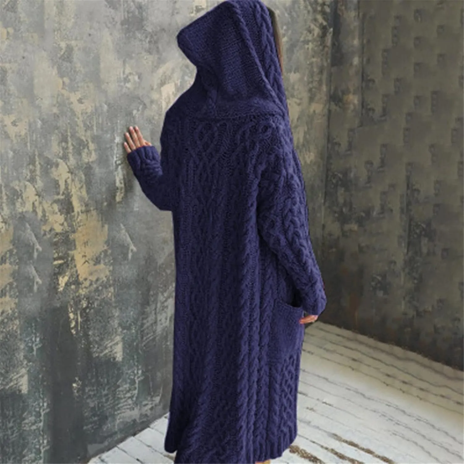 Womens Open Front Cable Knit Long Cardigan Long Sleeve Casual Hooded Outwear 2023 Fall Winter Sweater