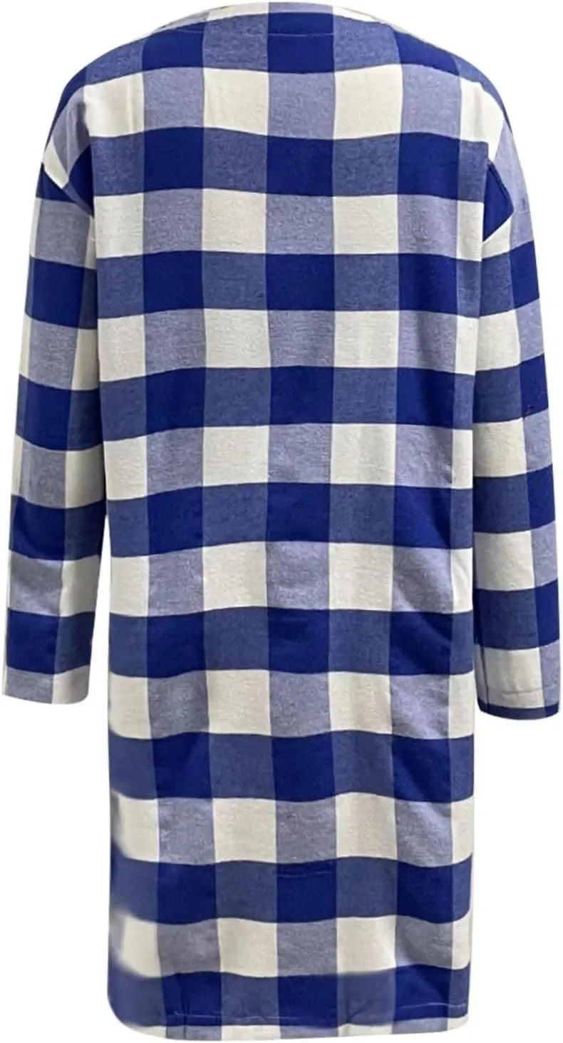 Womens Open Front Cardigan Coat Trendy Plaid Flannel Shacket Jacket Casual Loose Button Down Cardigans