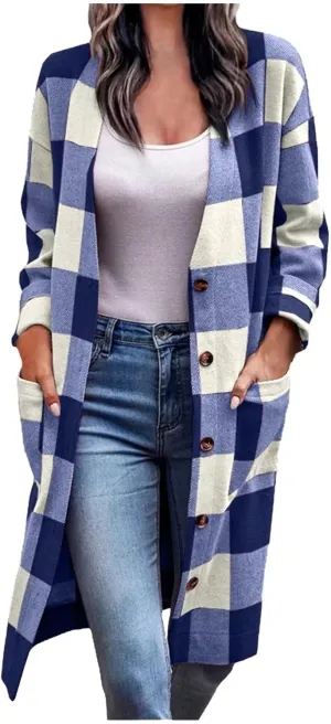 Womens Open Front Cardigan Coat Trendy Plaid Flannel Shacket Jacket Casual Loose Button Down Cardigans