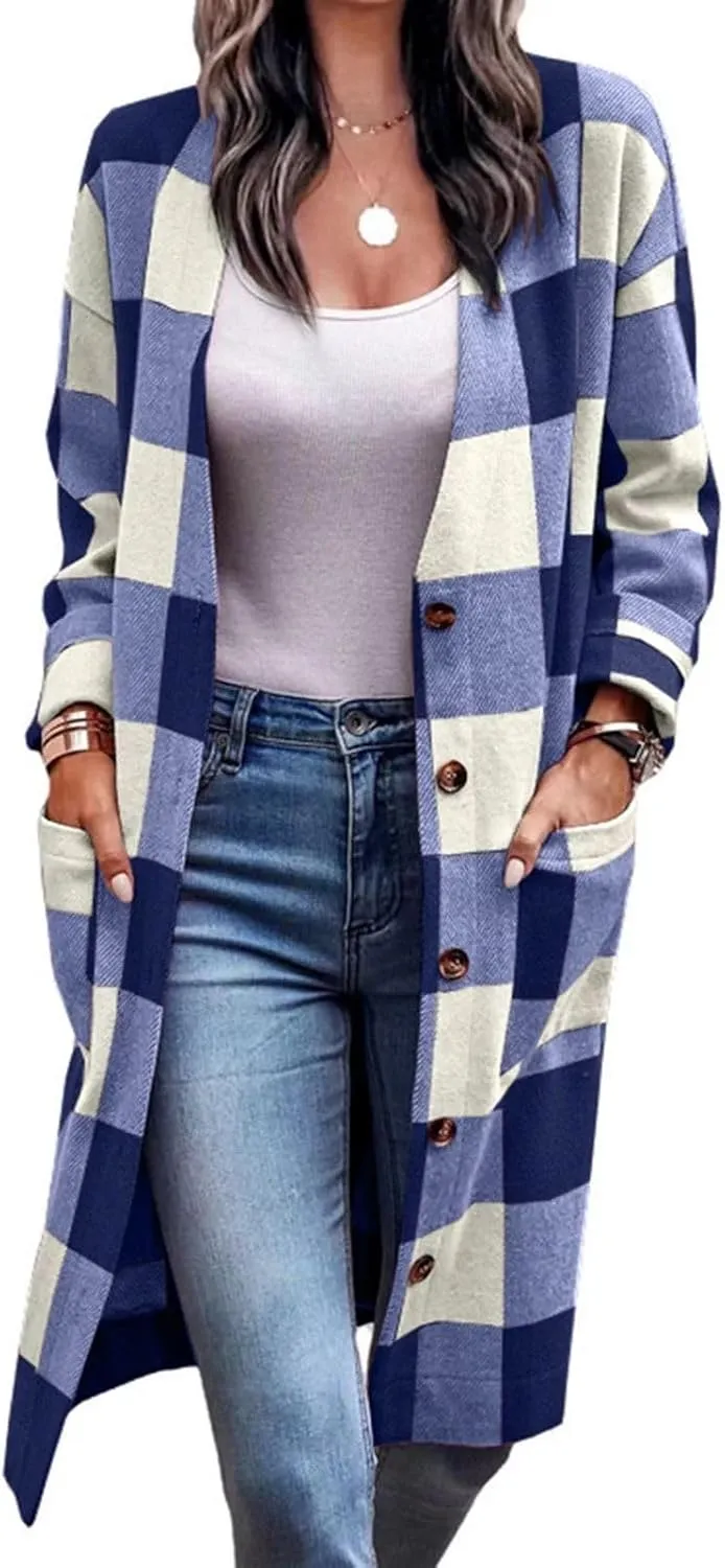 Womens Open Front Cardigan Coat Trendy Plaid Flannel Shacket Jacket Casual Loose Button Down Cardigans