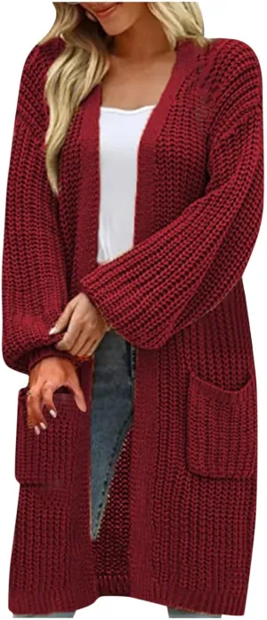 Women's Open Front Cardigan Oversized Chunky Knit Sweater Long Lantern Sleeve Outwear with Pocket 2025 Fashion