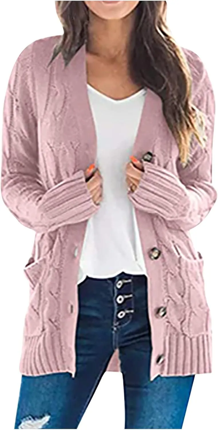 Women's Open Front Cardigan Slouchy Sweaters Fashion Button Down Cable Knit Chunky Oversized Knitwear Outwear Coats