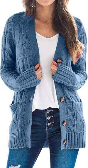 Women's Open Front Cardigan Sweaters 2024 Winter Fashion Button Down Cable Knit Chunky Warm Outwear Coats with Pocket