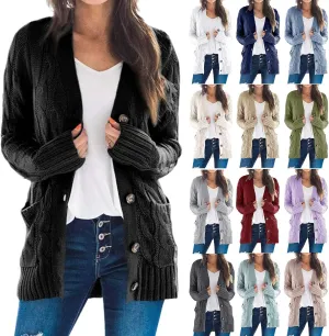 Womens Open Front Cardigan Sweaters Casual Cable Knit Chunky Sweater Button Down Long Sleeve Jacket Winter Coat 2024