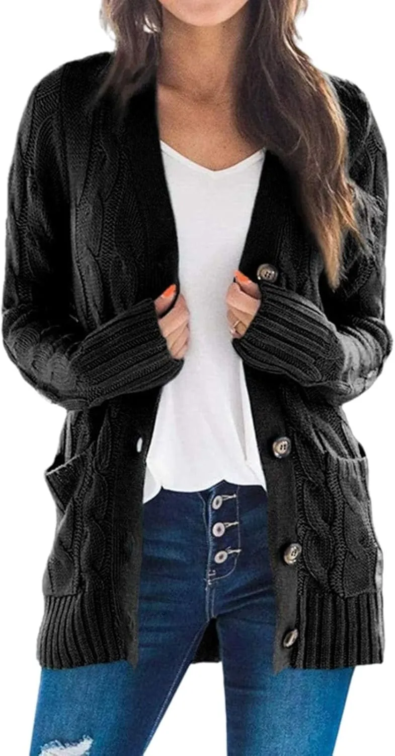Womens Open Front Cardigan Sweaters Casual Cable Knit Chunky Sweater Button Down Long Sleeve Jacket Winter Coat 2024