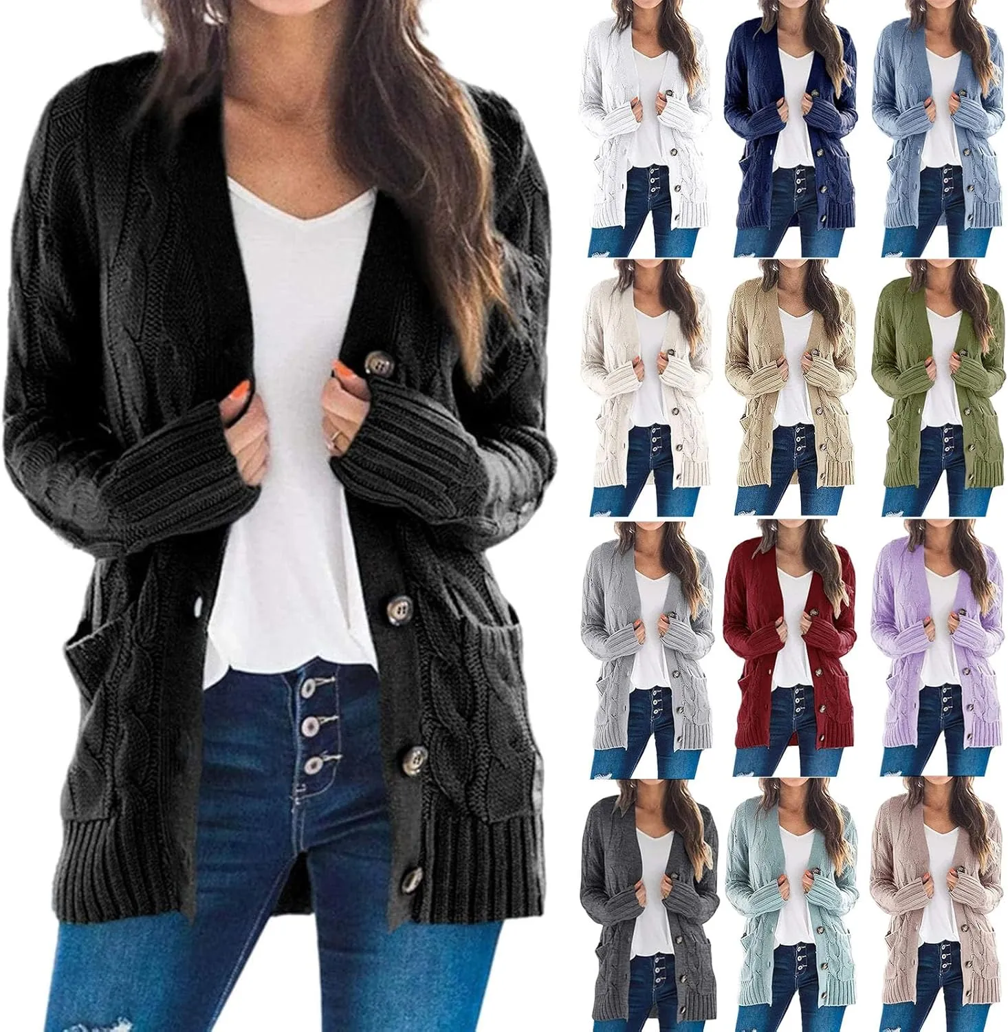 Womens Open Front Cardigan Sweaters Casual Cable Knit Chunky Sweater Button Down Long Sleeve Jacket Winter Coat 2024