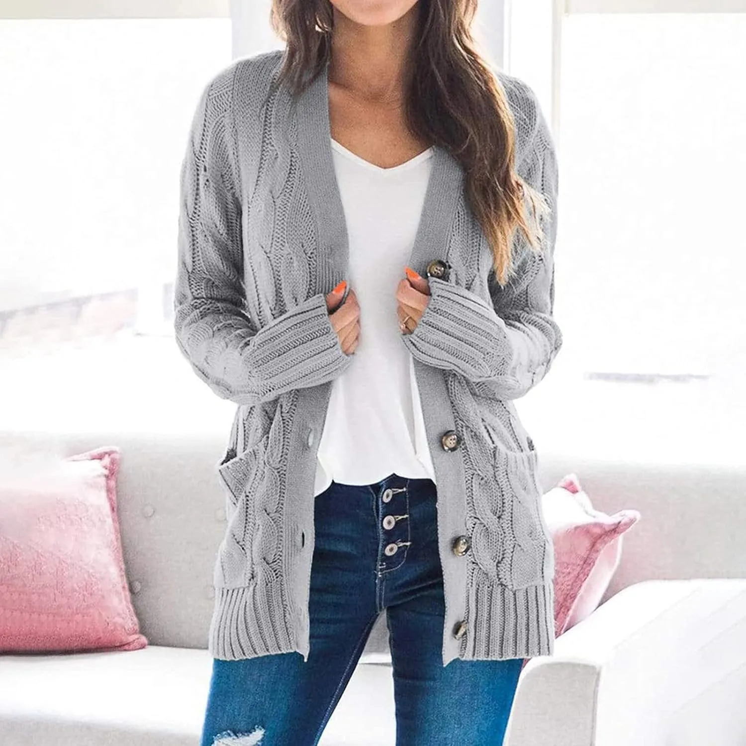 Women's Open Front Cardigan Sweaters Trendy Solid Button Cable Knit Chunky Winter Outerwear Coats with Pocket