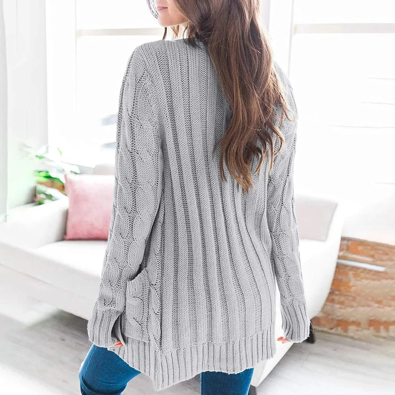 Women's Open Front Cardigan Sweaters Trendy Solid Button Cable Knit Chunky Winter Outerwear Coats with Pocket