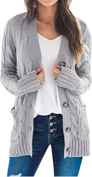 Women's Open Front Cardigan Sweaters Trendy Solid Button Cable Knit Chunky Winter Outerwear Coats with Pocket