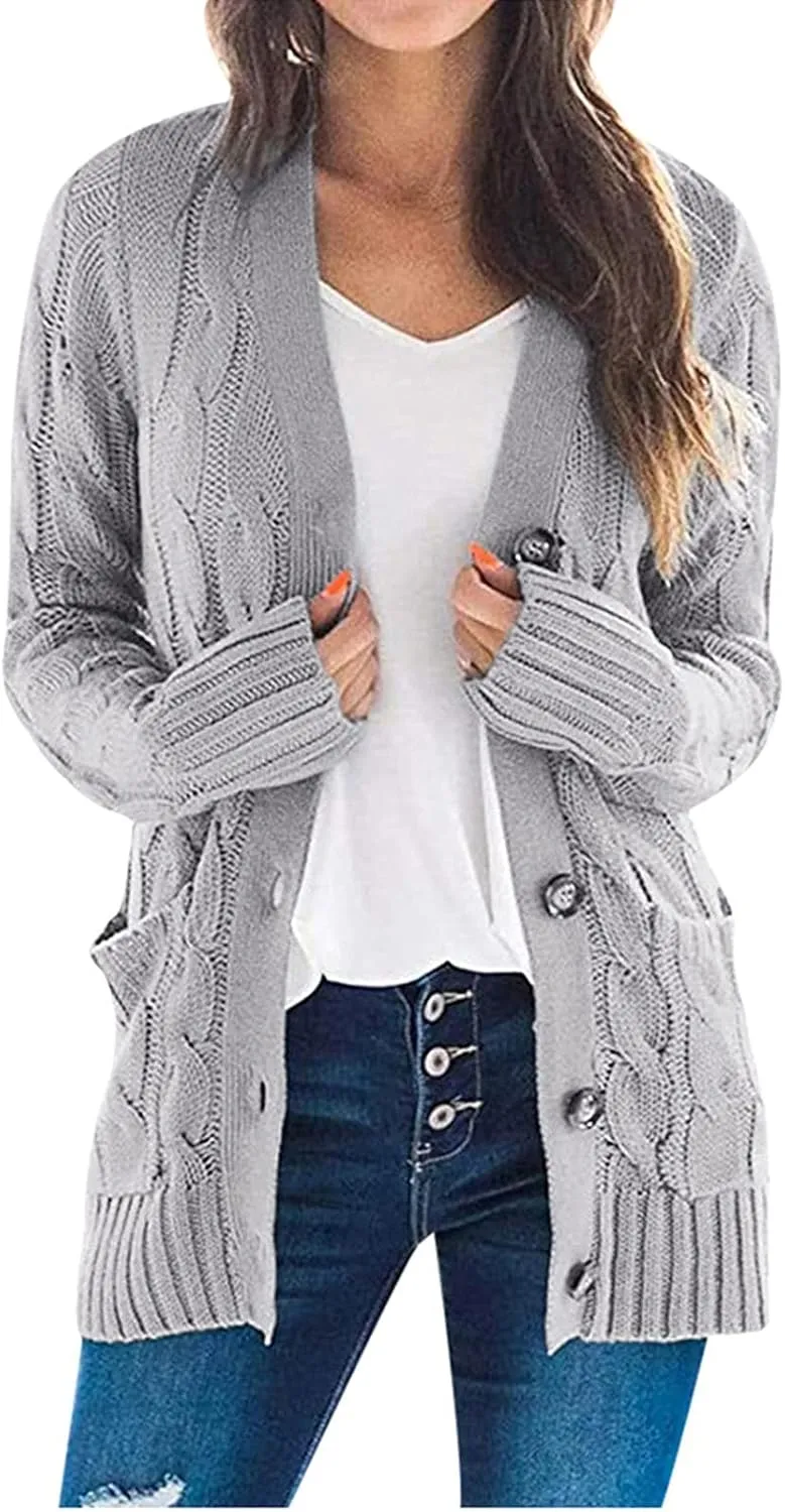 Women's Open Front Cardigan Sweaters Trendy Solid Button Cable Knit Chunky Winter Outerwear Coats with Pocket