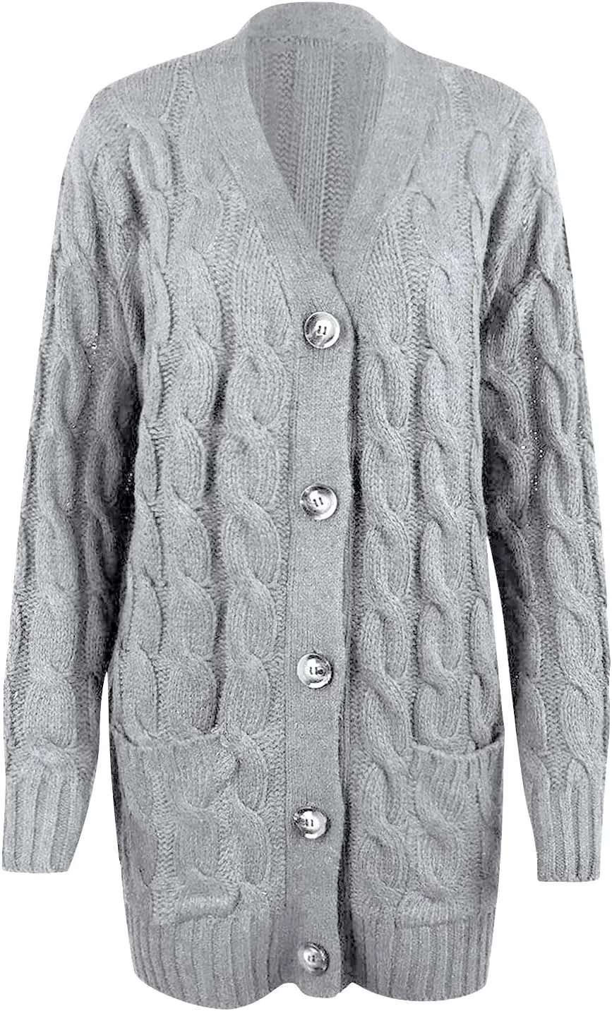 Women's Open Front Cardigan Sweaters Trendy Solid Button Cable Knit Chunky Winter Outerwear Coats with Pocket