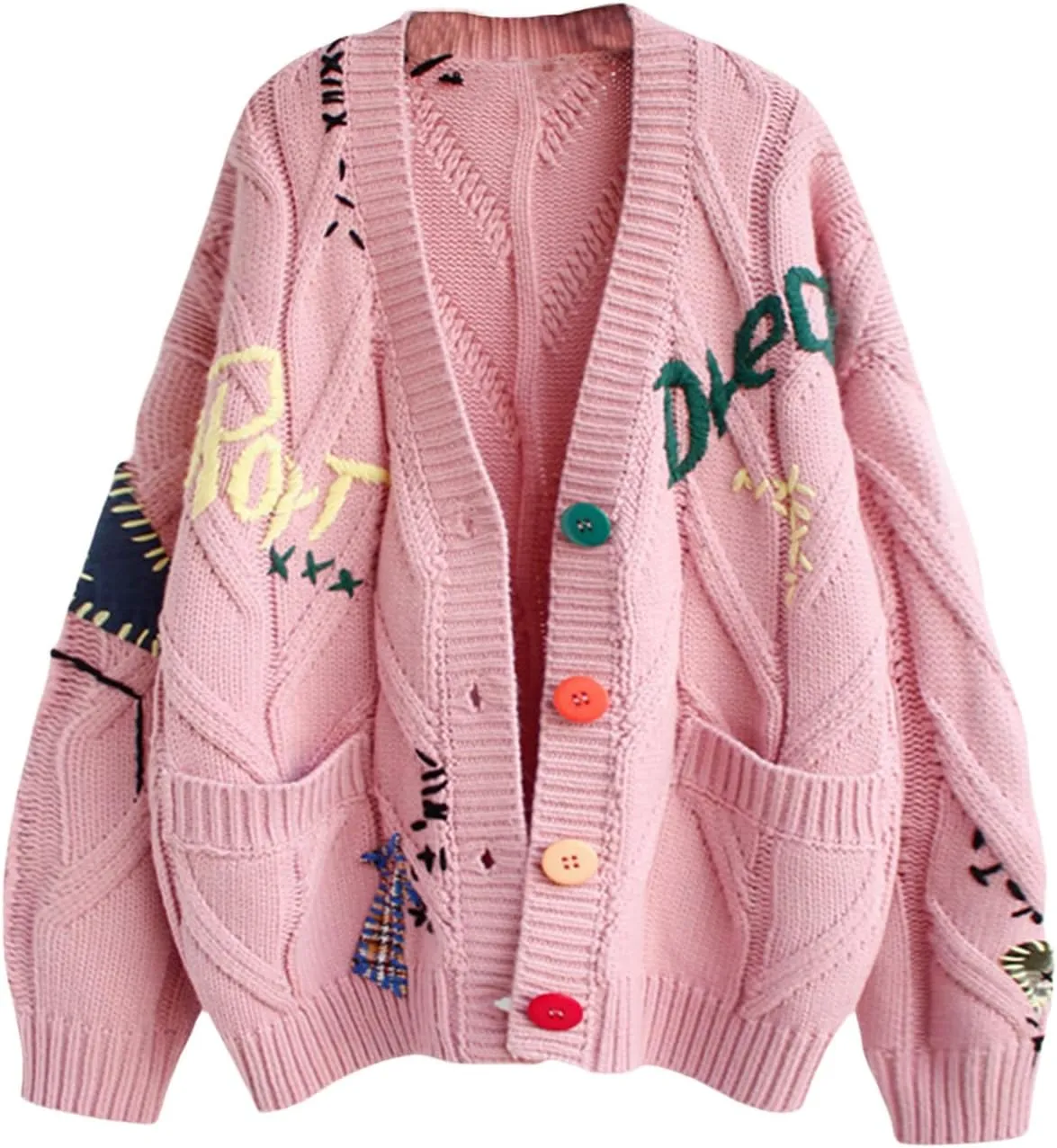 Womens Open Front Chunky Knit Cardigan Sweater Long Sleeve Button Down V Neck Knitted Sweaters Embroidery Tops