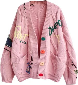 Womens Open Front Chunky Knit Cardigan Sweater Long Sleeve Button Down V Neck Knitted Sweaters Embroidery Tops