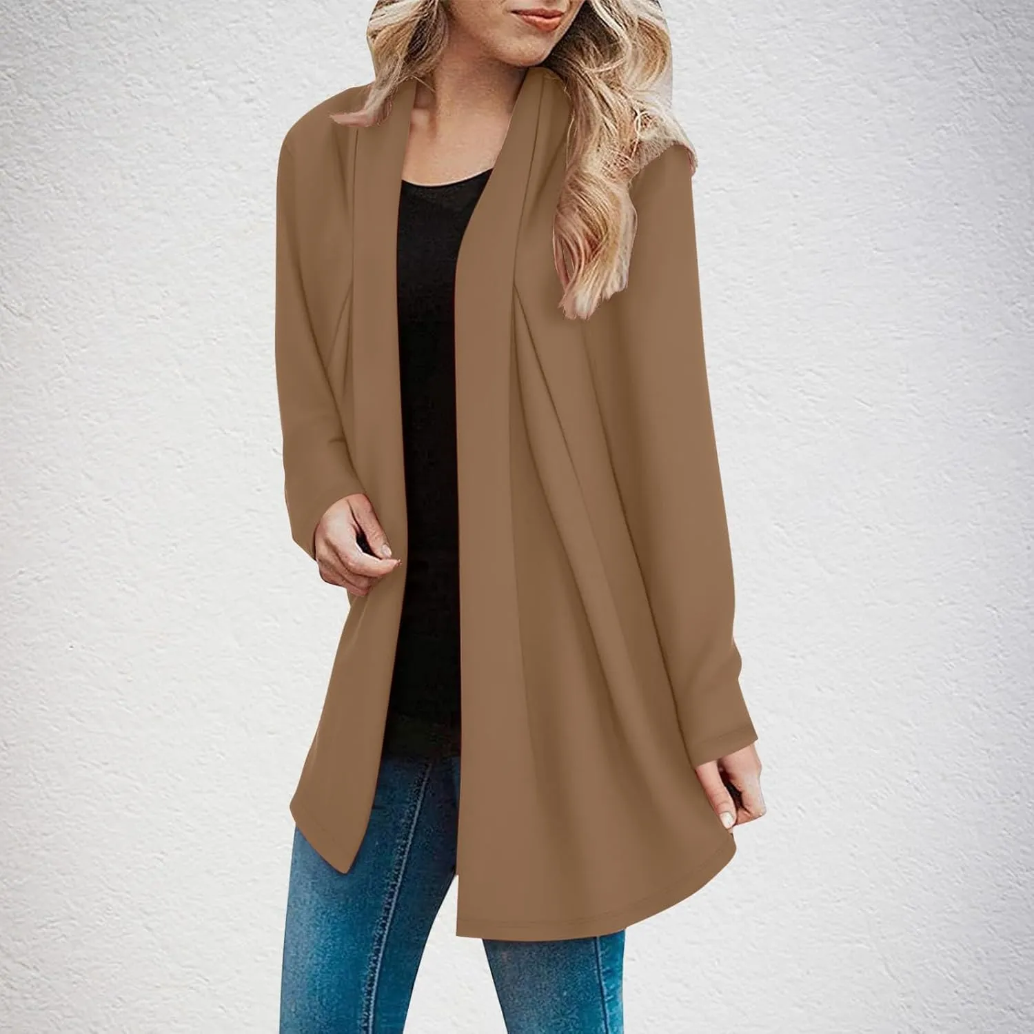Womens Open Front Longline Cardigan Long Sleeve Casual Fall Solid Coat Stylish Duster Cardigan Daily Commuting Resort