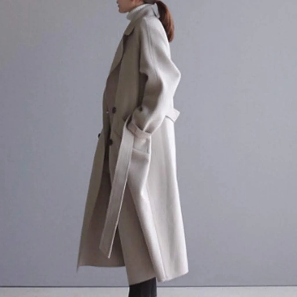 Womens Oversize Lapel Wool Blend Belt Trench Coat Outwear Jacket for Fall Women