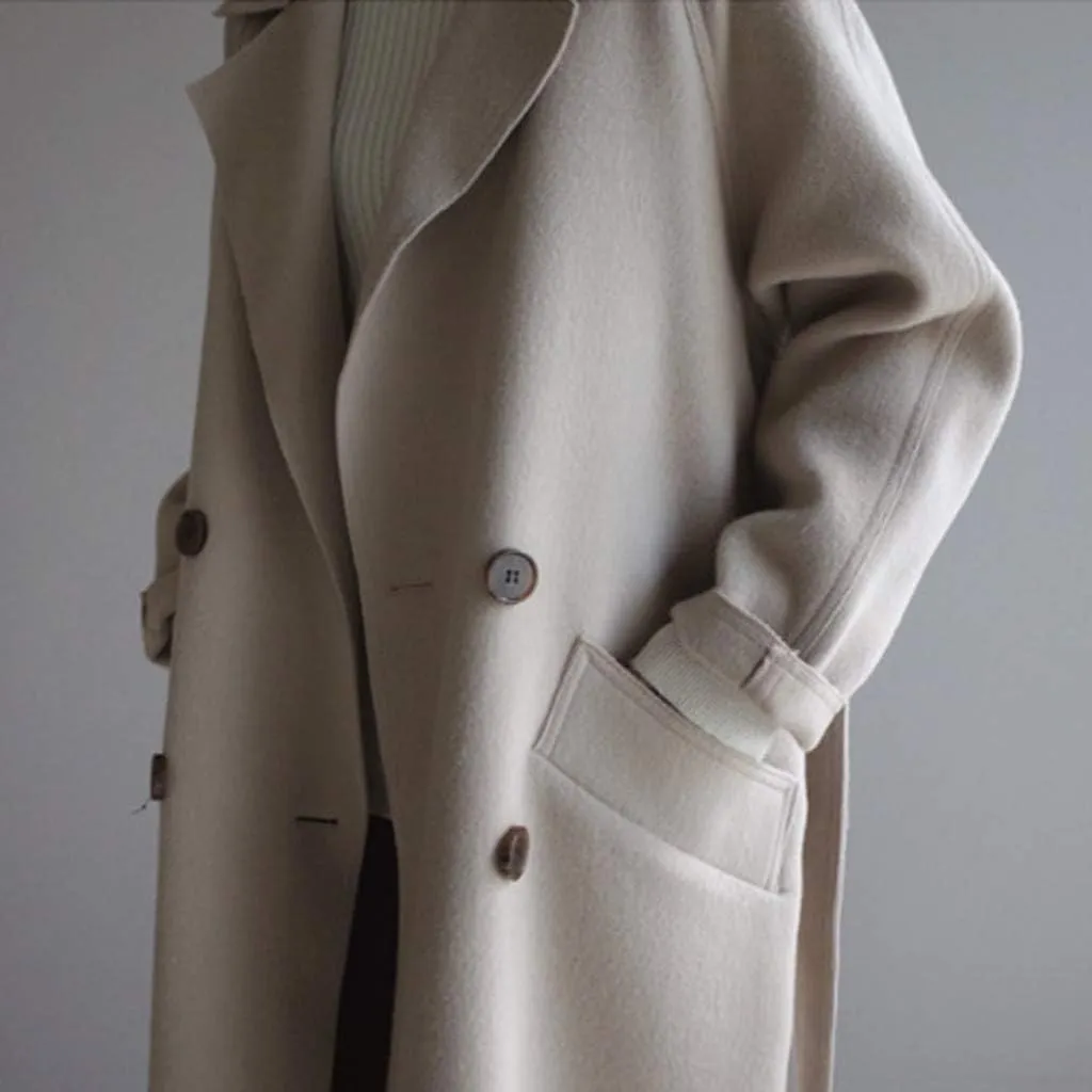 Womens Oversize Lapel Wool Blend Belt Trench Coat Outwear Jacket for Fall Women