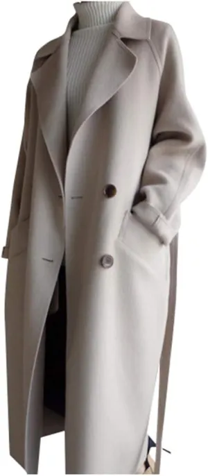 Womens Oversize Lapel Wool Blend Belt Trench Coat Outwear Jacket for Fall Women