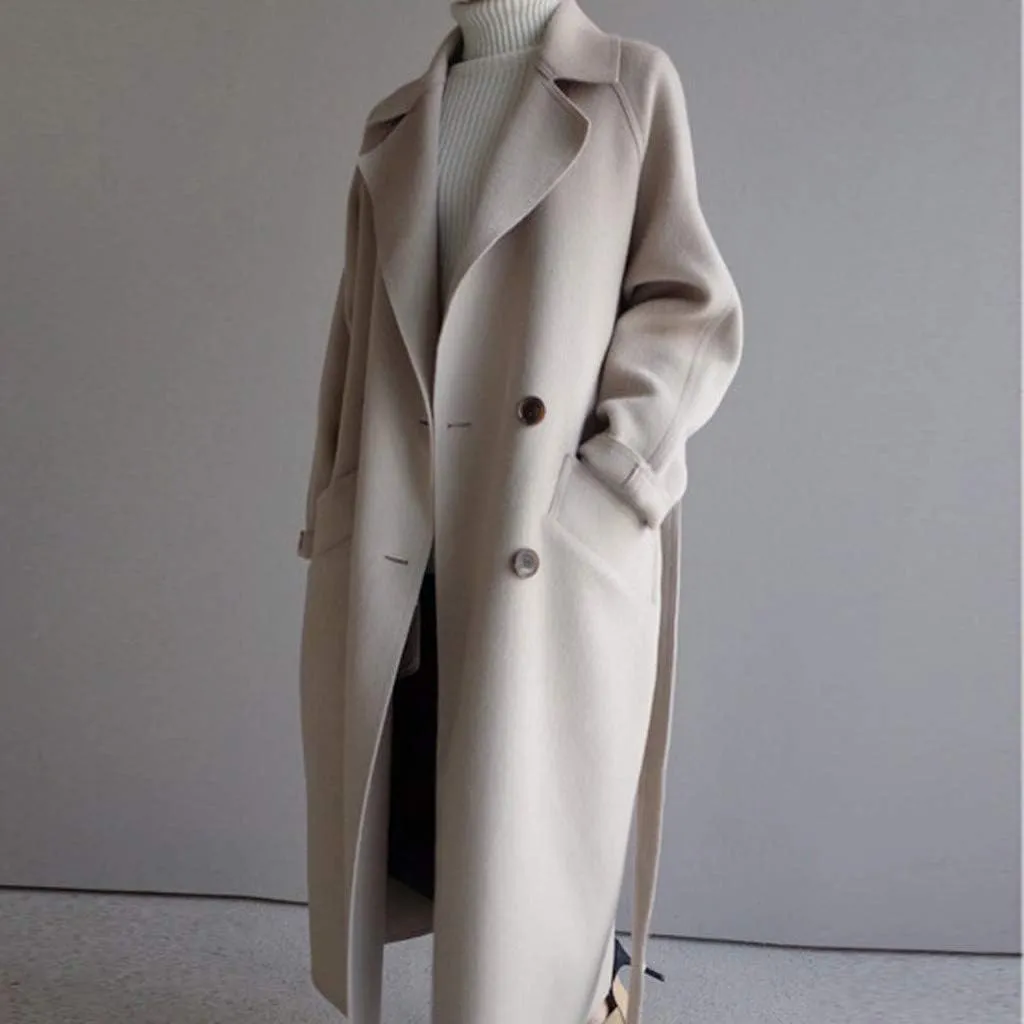 Womens Oversize Lapel Wool Blend Belt Trench Coat Outwear Jacket for Fall Women