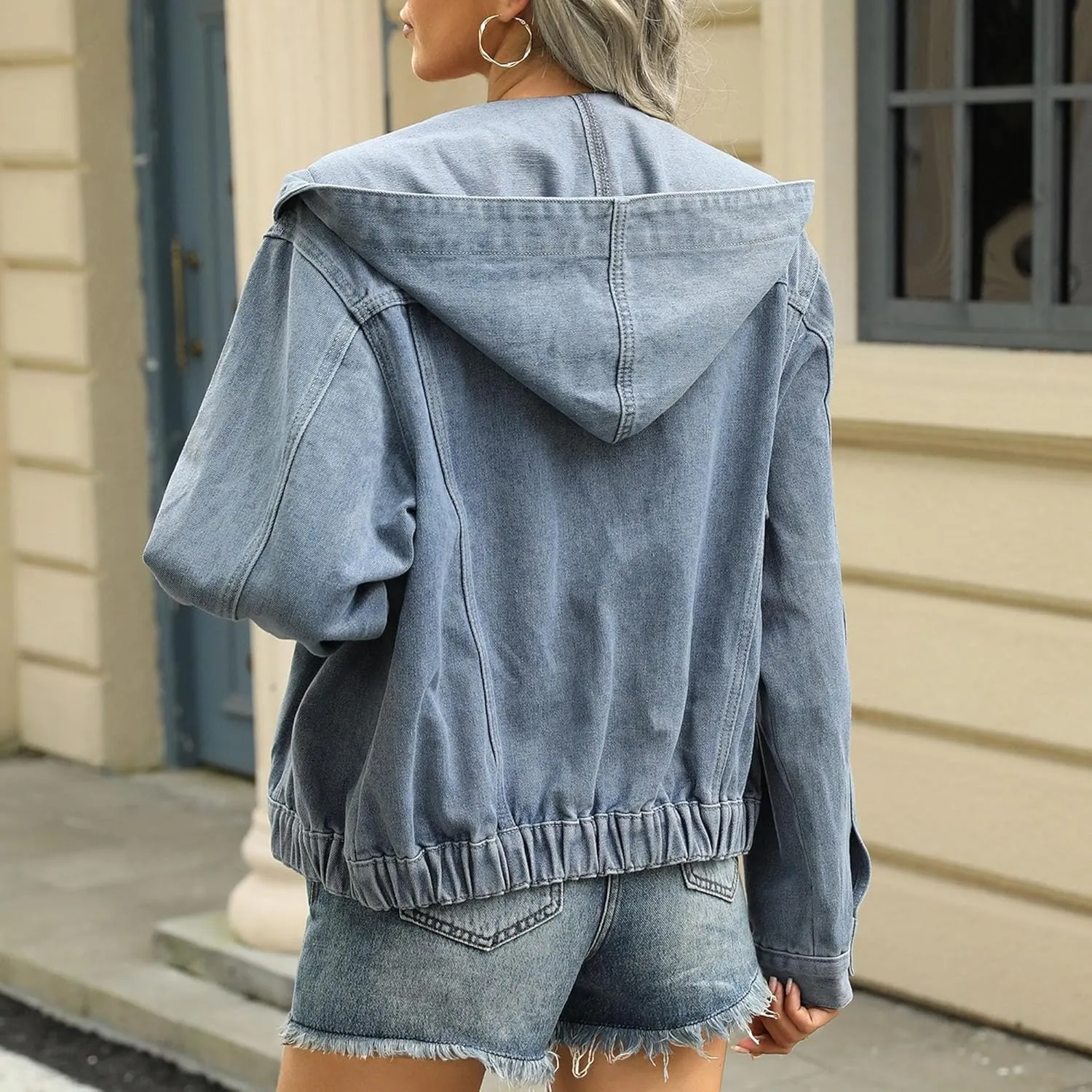 Women's Oversized Denim Jacket Denim Trucker Jacket Hoodie Button Up Elasticated Waist Cropped Jean Outerwear 2025
