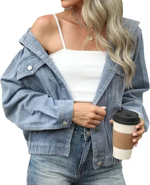 Women's Oversized Denim Jacket Denim Trucker Jacket Hoodie Button Up Elasticated Waist Cropped Jean Outerwear 2025
