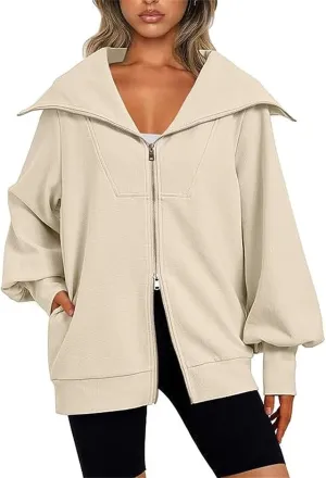 Women's Oversized Full Zip Sweatshirts Fall Casual Loose Jackets Outfits 2023 Winter Thicken Trendy Tops with Pockets