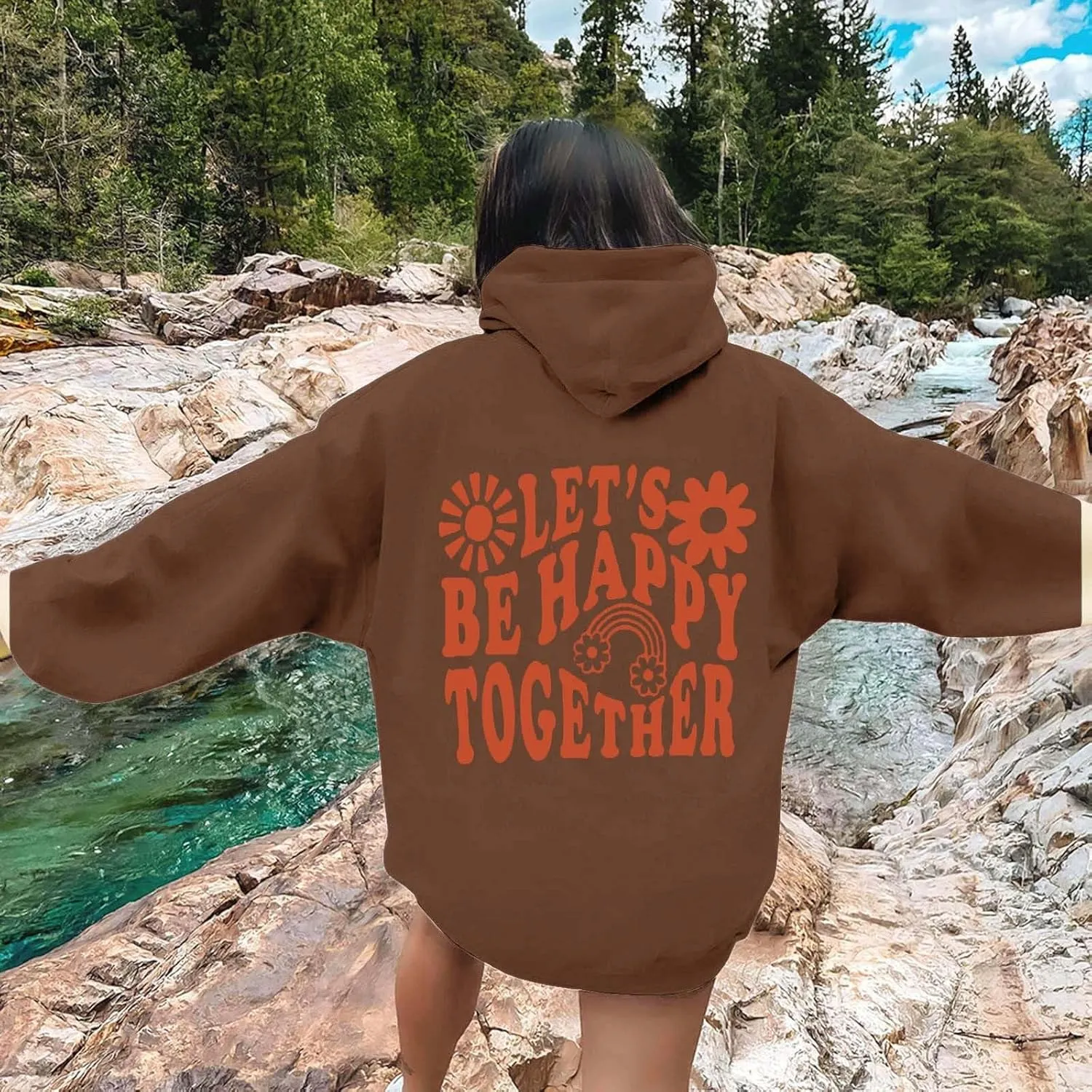 Womens Oversized Hoodies Cute Floral Graphic Hoodie Casual Letter Print Sweatshirt Winter Preppy Pullover Teen Girls