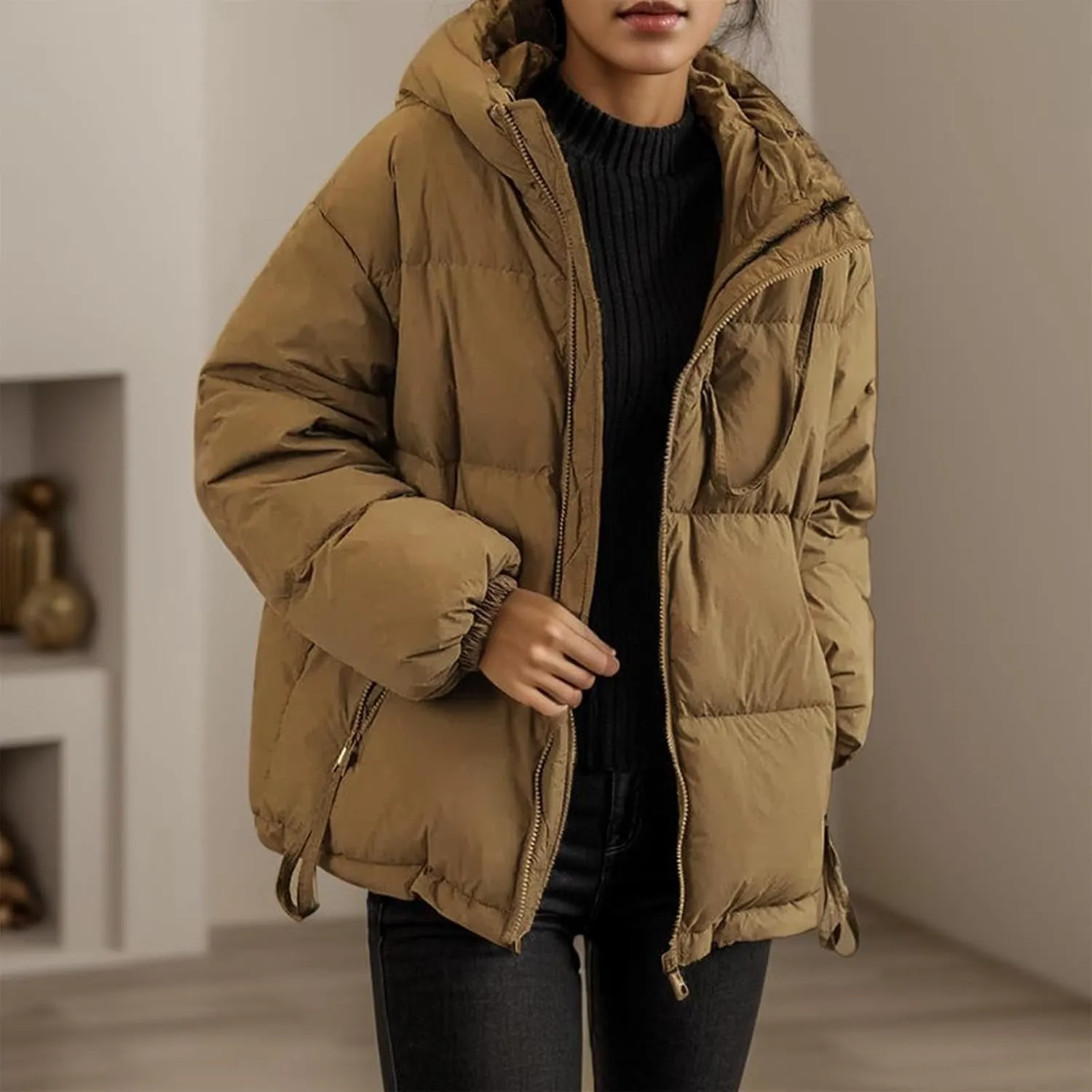 Womens Oversized Puffer Jacket Loose Fit Long Sleeve Quilted Outwear Casual Hood Zip Up Padded Coat 2024 Winter Coats