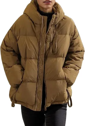 Womens Oversized Puffer Jacket Loose Fit Long Sleeve Quilted Outwear Casual Hood Zip Up Padded Coat 2024 Winter Coats