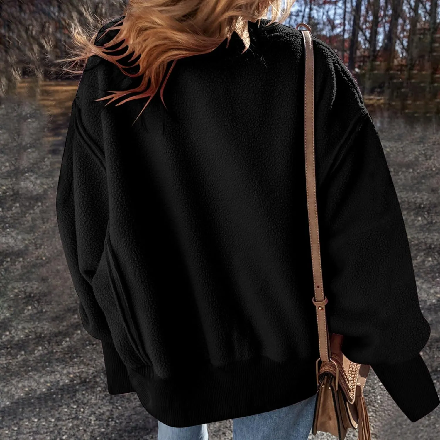 Womens Oversized Sherpa Pullover 2024 Fuzzy Fleece Crewneck Sweatshirts Corded Shirts Winter Warm Outerwear