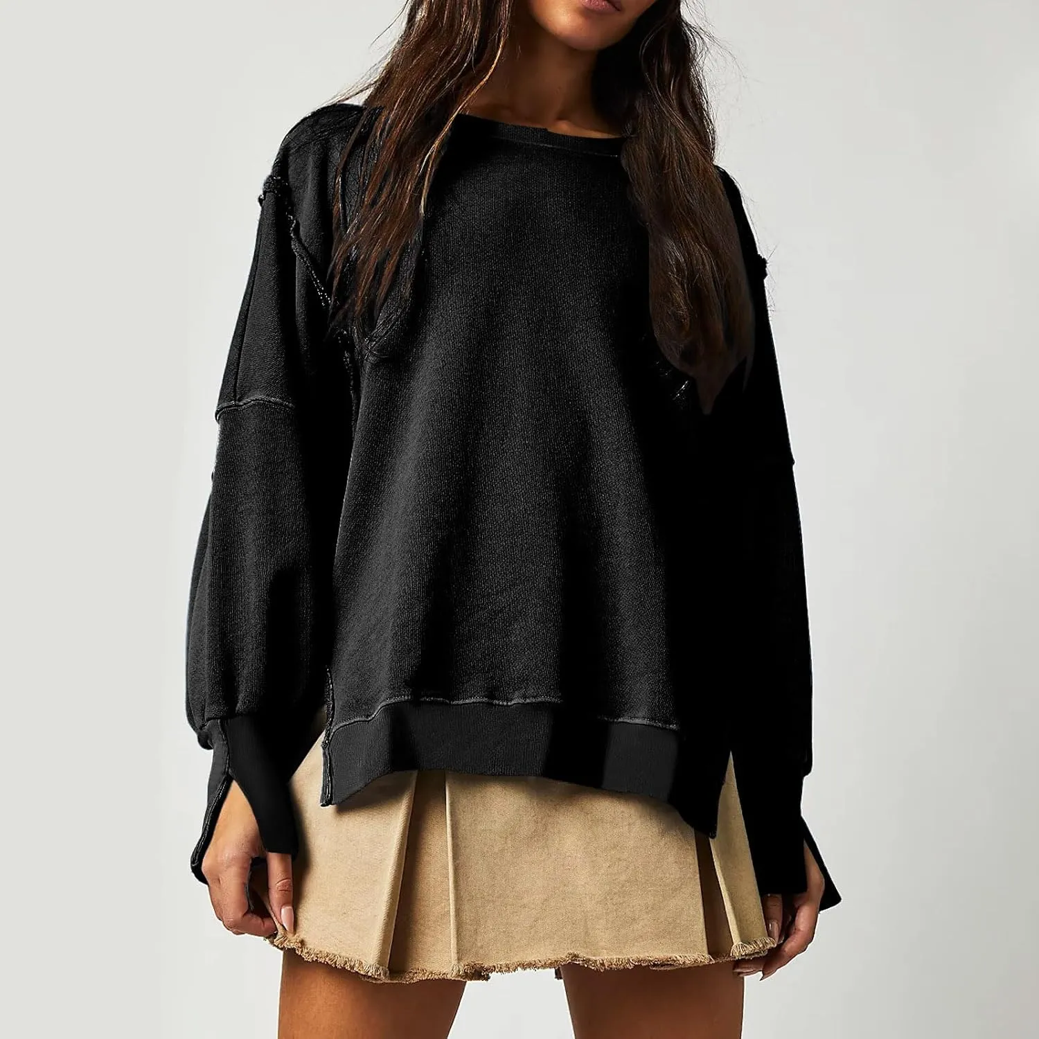 Women's Oversized Sweatshirt Side Slit Slouchy Pullover Long Sleeve Fleece Crewneck Sweatshirts Fall Winter Clothes