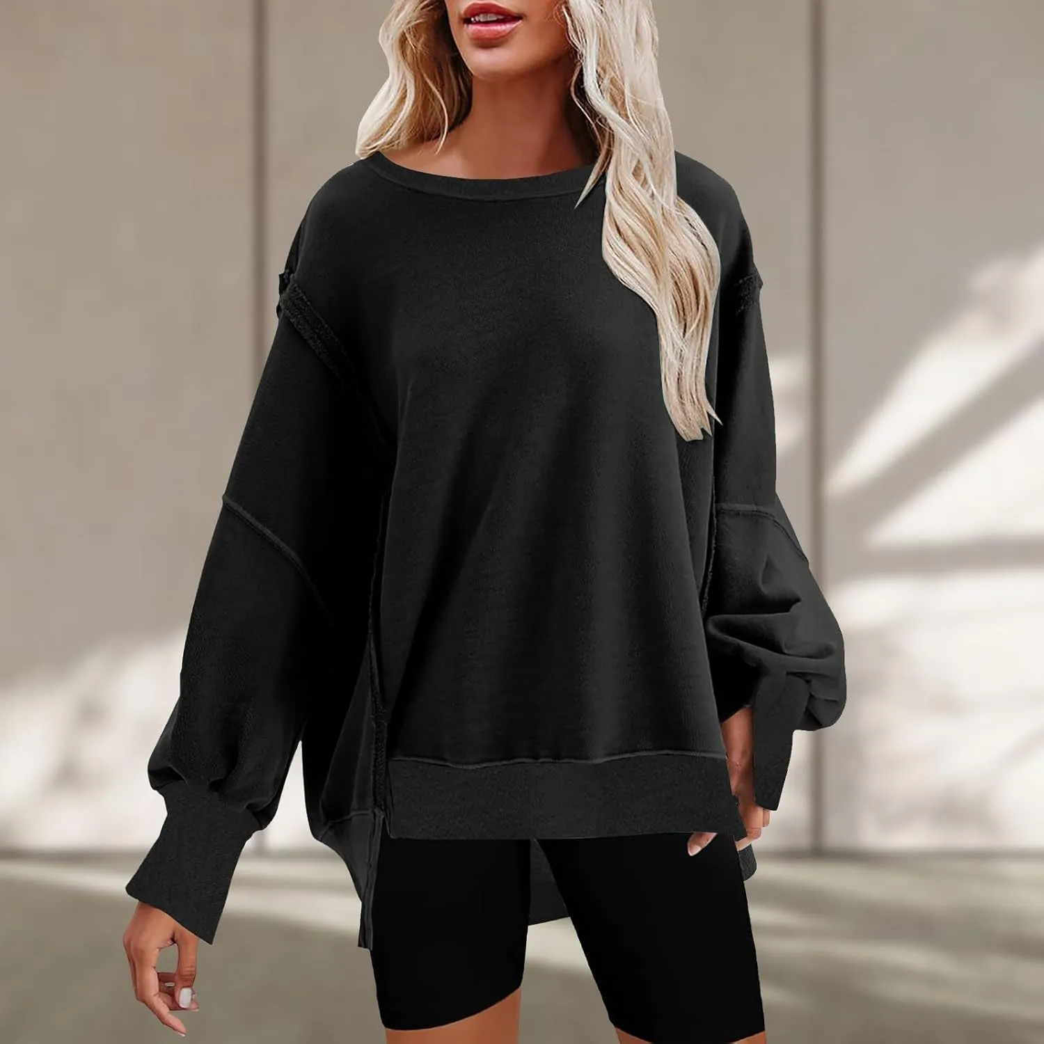 Women's Oversized Sweatshirt Side Slit Slouchy Pullover Long Sleeve Fleece Crewneck Sweatshirts Fall Winter Clothes