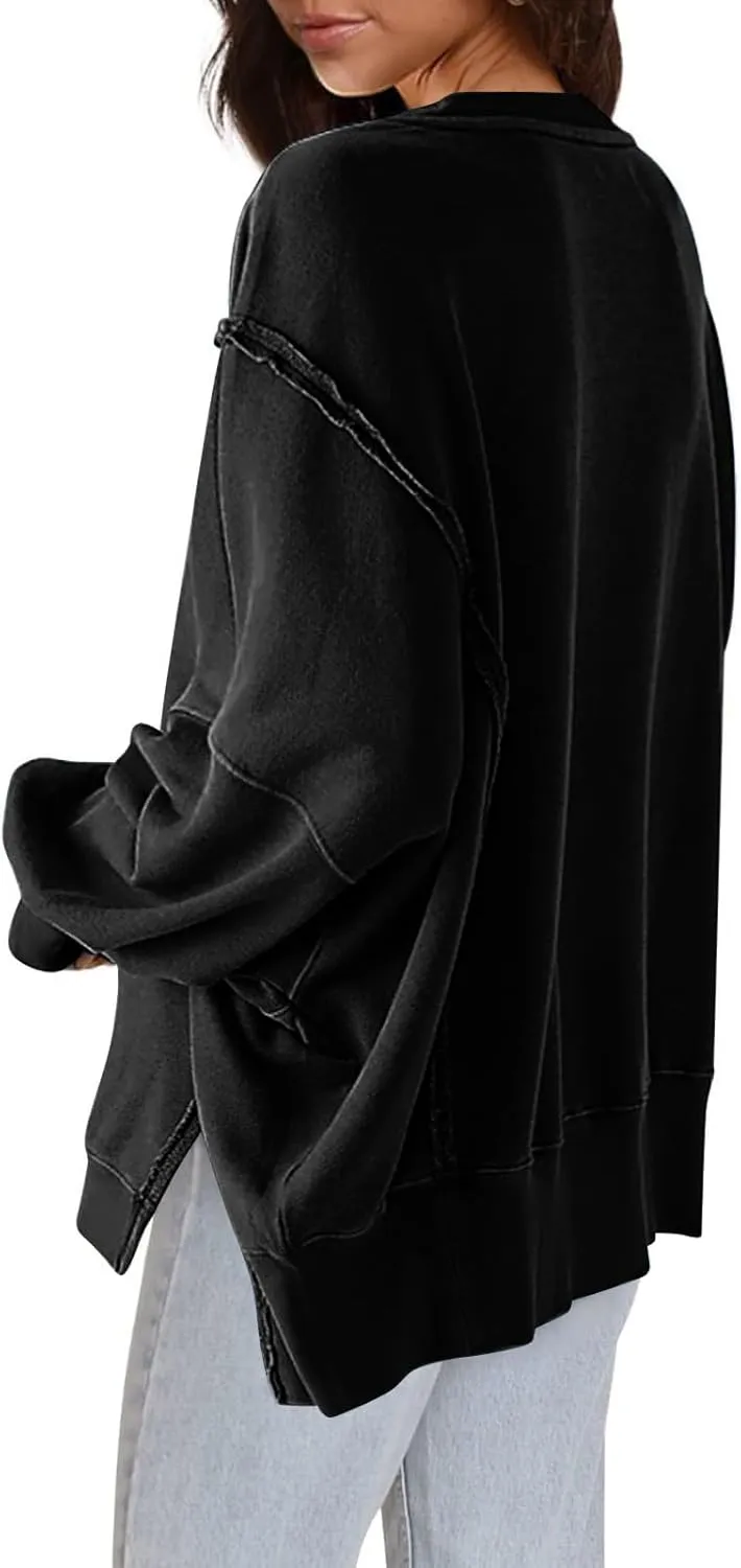 Women's Oversized Sweatshirt Side Slit Slouchy Pullover Long Sleeve Fleece Crewneck Sweatshirts Fall Winter Clothes