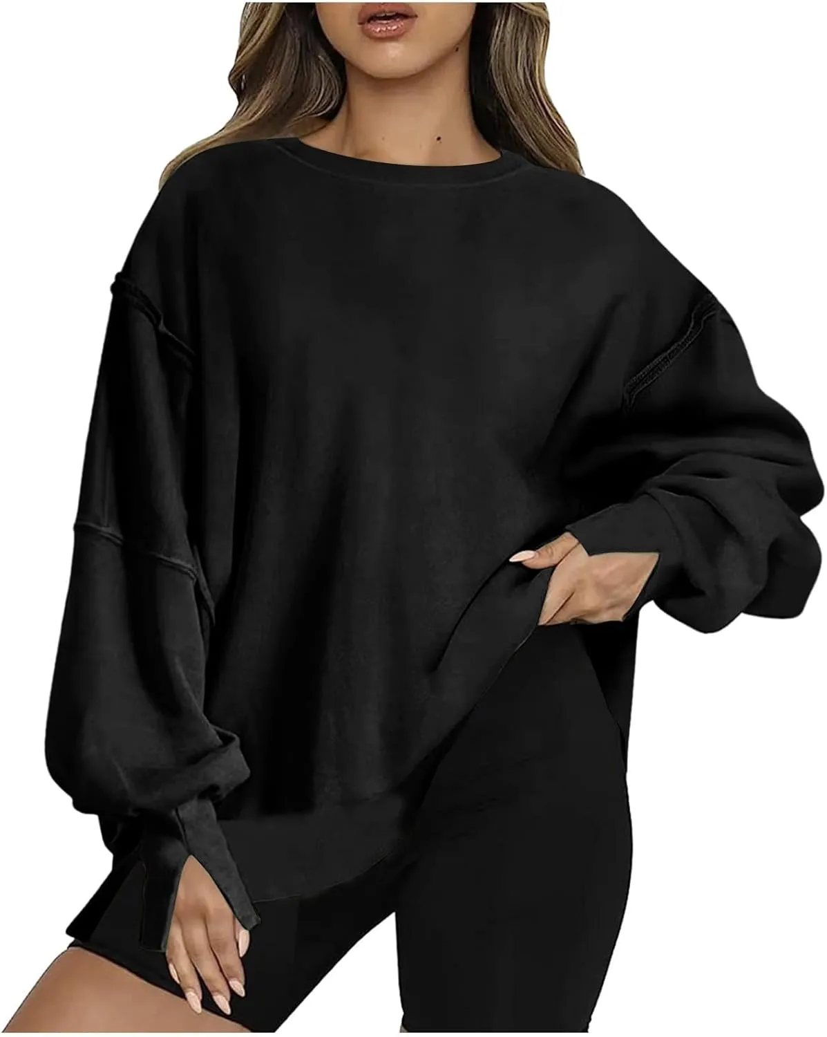 Women's Oversized Sweatshirt Side Slit Slouchy Pullover Long Sleeve Fleece Crewneck Sweatshirts Fall Winter Clothes